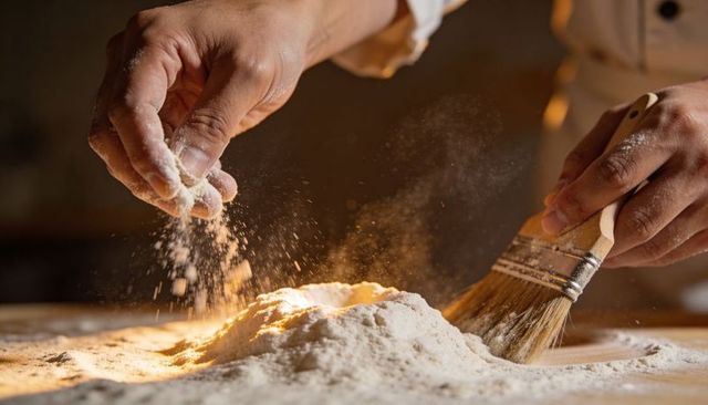 Artisan baker hands sprinkling flour and brushing dough on wooden bench warm bakery closeup