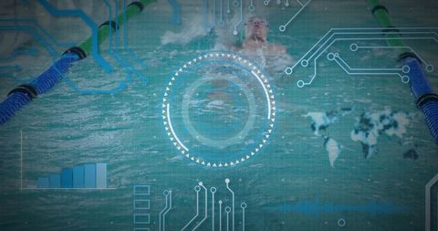 Athlete in Swimming Pool with High-Tech Data Interface