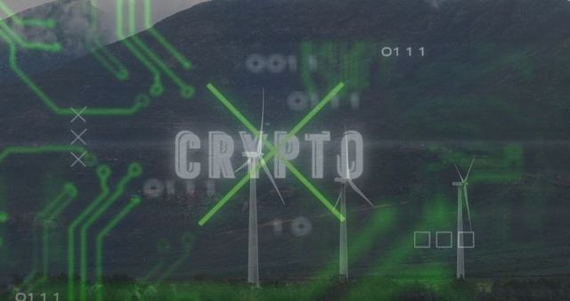 Wind Turbines with Digital Crypto Overlay Illustrating Renewable Technology