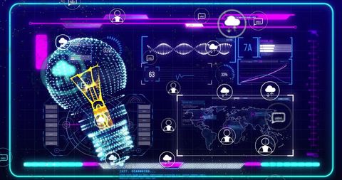 Digital lightbulb and media icons with world map in futuristic interface