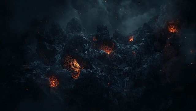 Dramatic smoldering volcanic crater with glowing magma