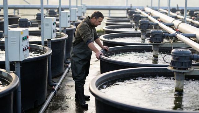 Inspecting circular hatchery tanks — aquaculture worker monitoring water aeration controls