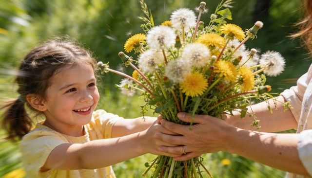Smiling girl offering dandelion bouquet to caregiver with wedding ring in sunlit meadow