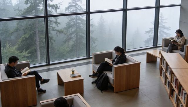 Quiet modern library reading nook with misty forest view and minimal wooden furniture
