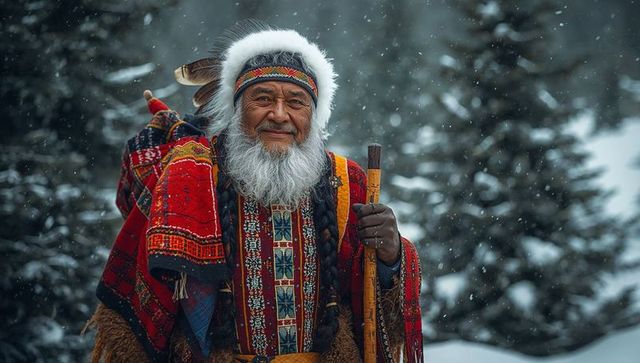 Indigenous elder in traditional attire standing in winter forest