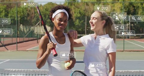 Tennis Players Enjoying Outdoor Match with Social Media Stats