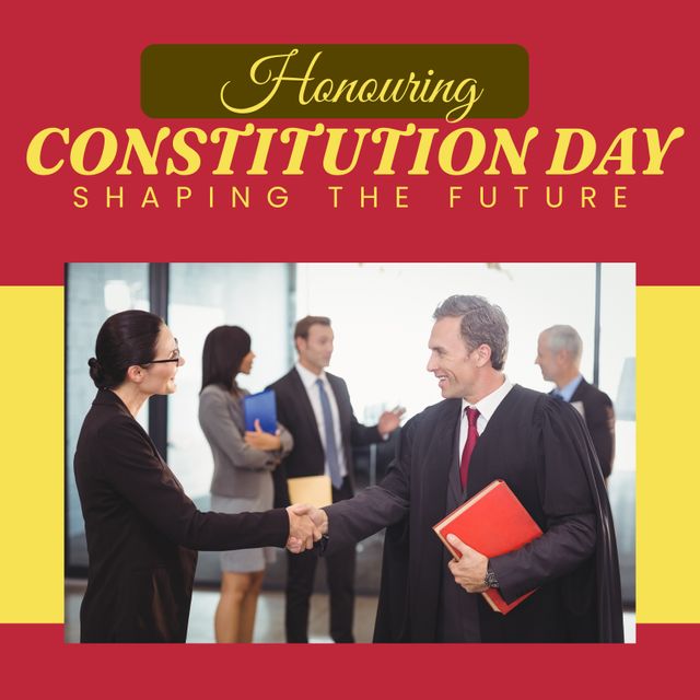 Image reflecting a joyful celebration and appreciation for Constitution Day. Shows lawyers and businesspeople from diverse backgrounds interacting in a professional office setting. Perfect for usage in articles, social media posts, newsletters, and promotional materials related to legal events, national celebrations, and teamwork.