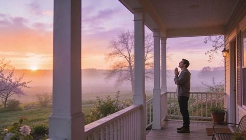 Man praying on farmhouse porch at misty sunrise, watching peaceful rural dawn in solitude