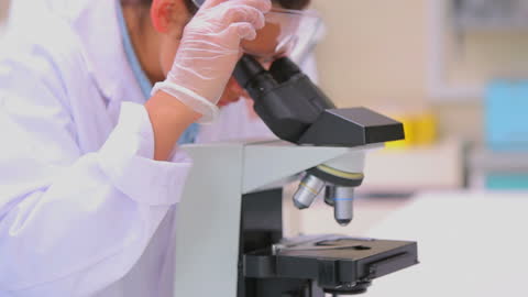Scientist Examining Sample under Microscope in Laboratory