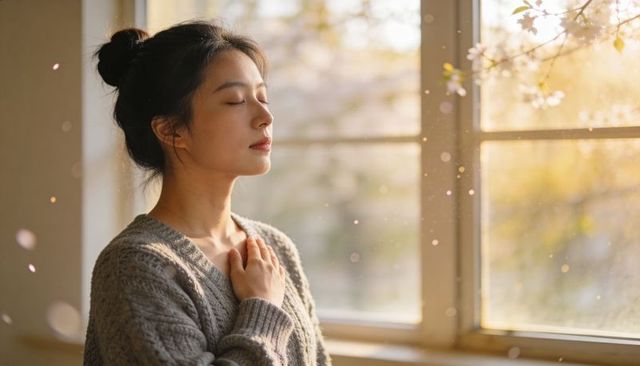 Woman practicing quiet gratitude at window during golden hour showing renewal and resilience