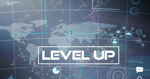 Level Up Overlaid on Digital World Map with Network Connections - Download Free Stock Images Pikwizard.com