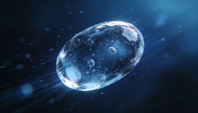 Floating translucent water droplet revealing microbubbles with motion streaks and blue rim glow