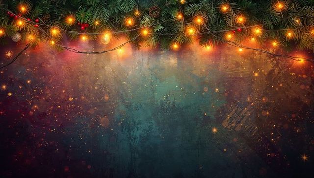 Hanging fir garland glowing with warm string lights and bokeh on textured holiday backdrop