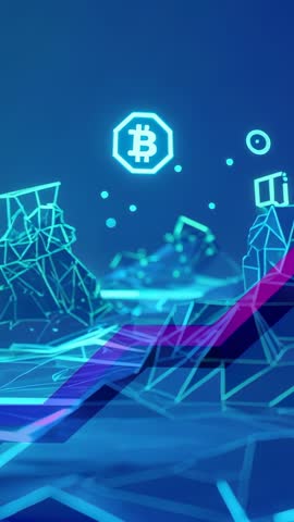 Vertical video: Rising crypto trend line tracking Bitcoin emblem over neon blockchain grid
