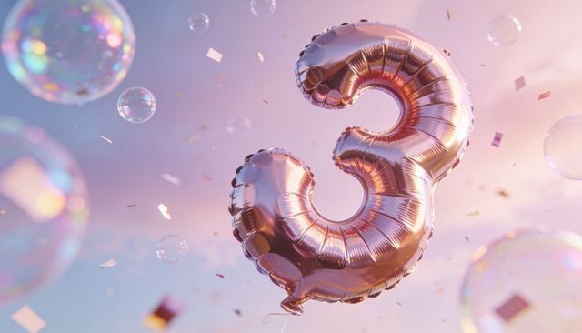 Drifting rose-gold foil balloon numeral 3 floating amid confetti and iridescent bubbles