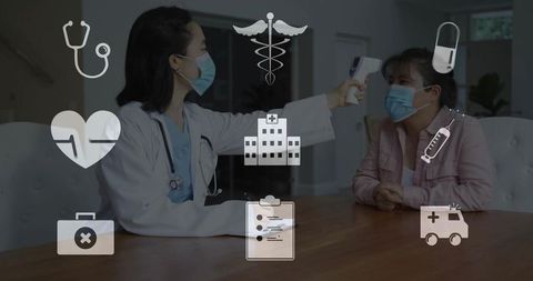 Doctor measuring patient temperature with ir thermometer health screening wearing masks