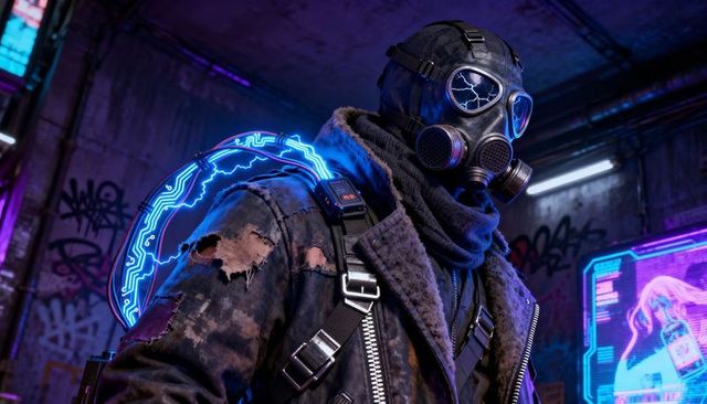 Standing cyberpunk operative wearing cracked-lens gas mask and glowing neon backpack ring