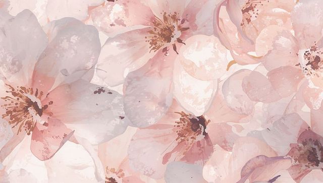 Soft pastel watercolor blossom pattern featuring brushstroke petals and paint splatter texture
