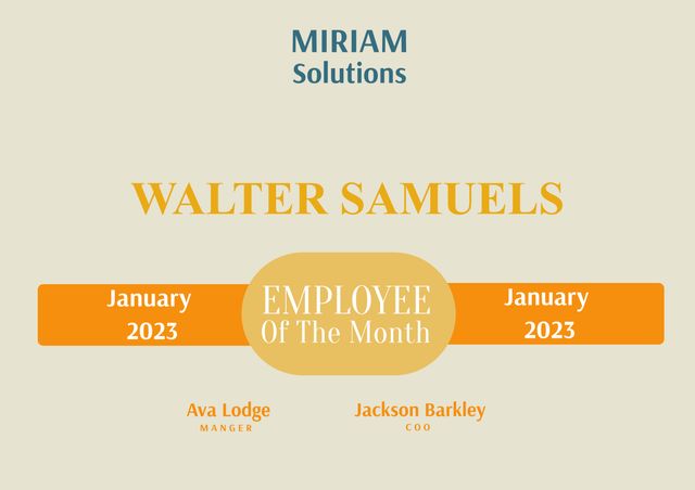 Miriam solutions employee of the month text with name and details on beige with yellow and gold band - Download Free Stock Videos Pikwizard.com