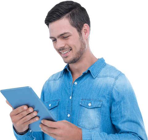 Man in Denim Shirt Using Transparent Digital Tablet - Download Free Stock Videos Pikwizard.com