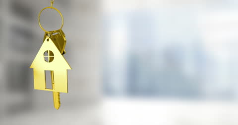 Golden Key with House Keychain in Abstract Space