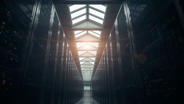 Futuristic data center corridor streaming skylight through central aisle over server racks
