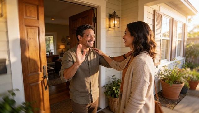 Couple waving and smiling on sunlit suburban porch, warm welcome at wooden doorway
