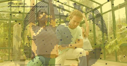Trio Practicing Yoga and Stretching in Glass Greenhouse Conservatory with Globe Overlay