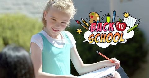 Young girl enthusiastically studying outdoors with illustrated back to school theme
