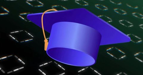 Purple graduation cap floating over neon digital grid, virtual learning and achievement
