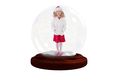 Child in santa hat inside snow globe on transparent background