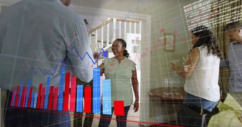 Senior Woman Greeting Guests at Home Gathering with Financial Data and Graph Overlay