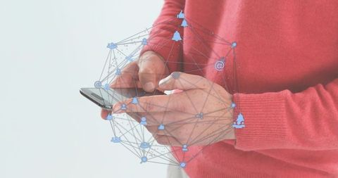 Man using smartphone with floating network icons for connectivity