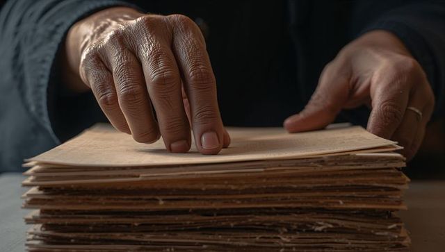 Hands carefully handling vintage manuscripts and aged paper stack on wooden table