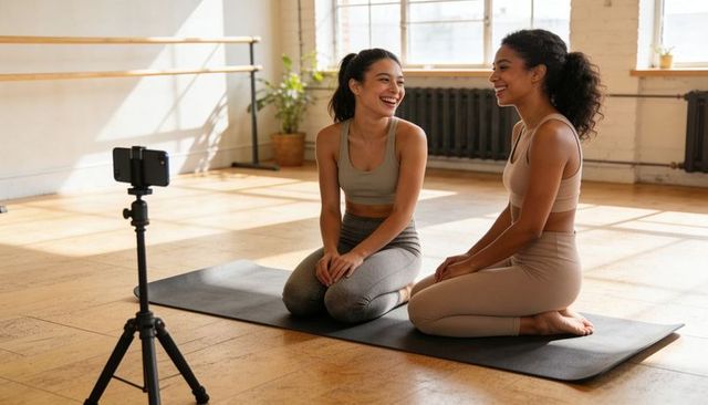 Two women recording yoga and pilates session on phone tripod in bright fitness studio