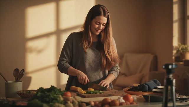 Woman preparing dinner chopping vegetables in sunlit cozy home kitchen