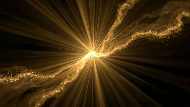 Golden energy burst radiating core with glittering particle ribbons and radial light beams