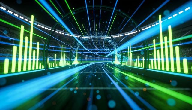 Streaming neon data tunnel racing through curved digital track with glowing led waveforms