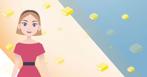 Smiling Woman Discussing with Floating Books