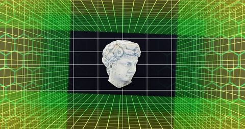 3D Classical Statue Head Digital Art on Geometric Grid Background