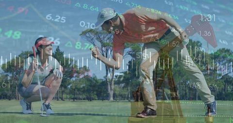 Couple Enjoying Golf with Financial Trends Overlay