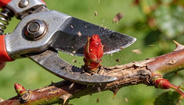 Macro closeup pruning shears cutting red rose bud on thorny stem with wood chips flying