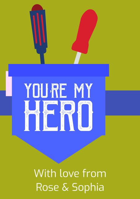 This card features a vibrant design with screwdriver graphics and a bold message saying 'You're my Hero.' The bottom card area allows for personal messages, making it perfect for expressing gratitude and love to someone special. Suitable for various occasions such as Father's Day, mentor appreciation, or thanking a handyman for special efforts. Customize it by adding your own personal message or names at the bottom.