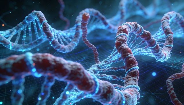 Twisting dna double helix network with glowing base pairs in 3d molecular visualization