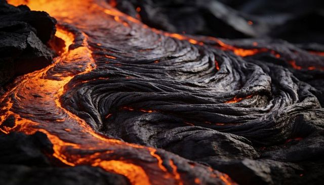 Glowing pahoehoe lava flowing, forming ropy basalt crust with molten fissures and texture