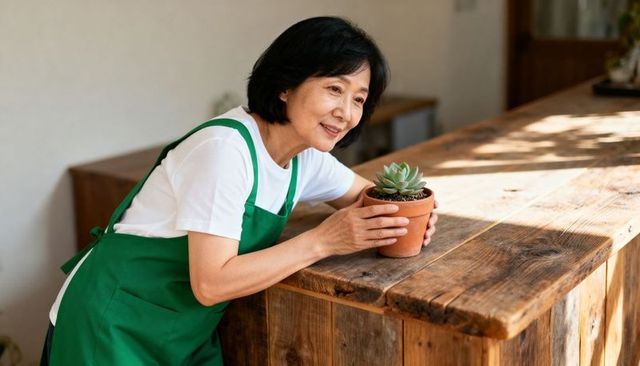 Senior asian woman tending succulent on rustic wooden counter while wearing green apron