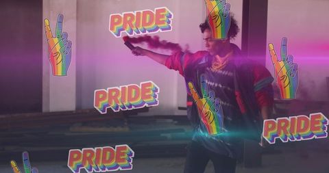 LGBTQ+ Protester with Smoke and Rainbow Graphics Displaying Pride