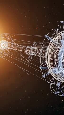 Vertical video revealing wireframe space station by sun with truss, ring, lattice