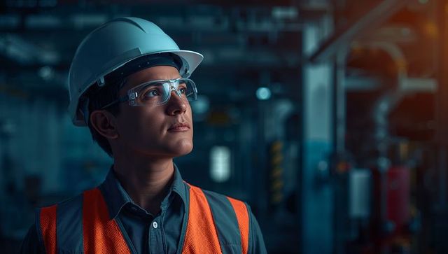 Asian Engineer Inspecting Industrial Plant Wearing Hard Hat, Safety Glasses, Hi-Vis Vest