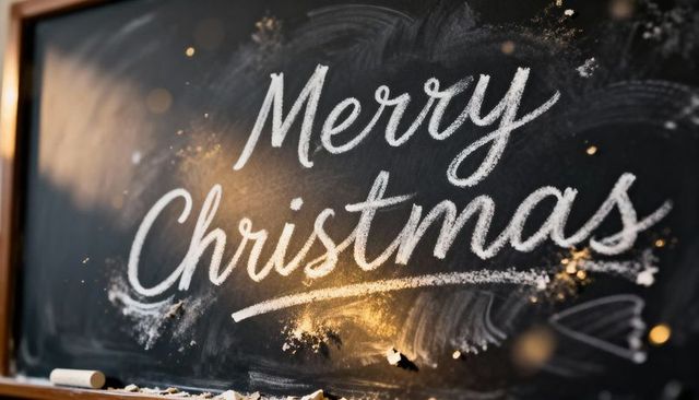 Hand-lettered merry christmas chalkboard with warm bokeh glow for rustic holiday display